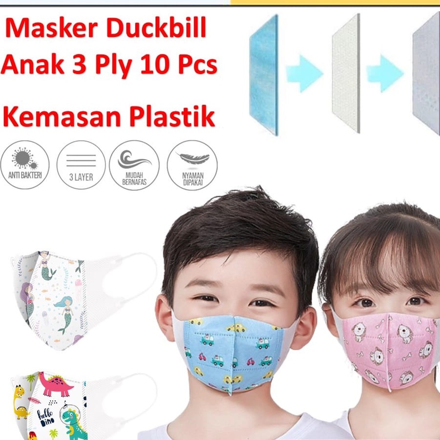 Masker Duckbill Anak 3Ply 10Pcs Earloop Child Kids Face Mask Motif Masker Anak Duckbill
