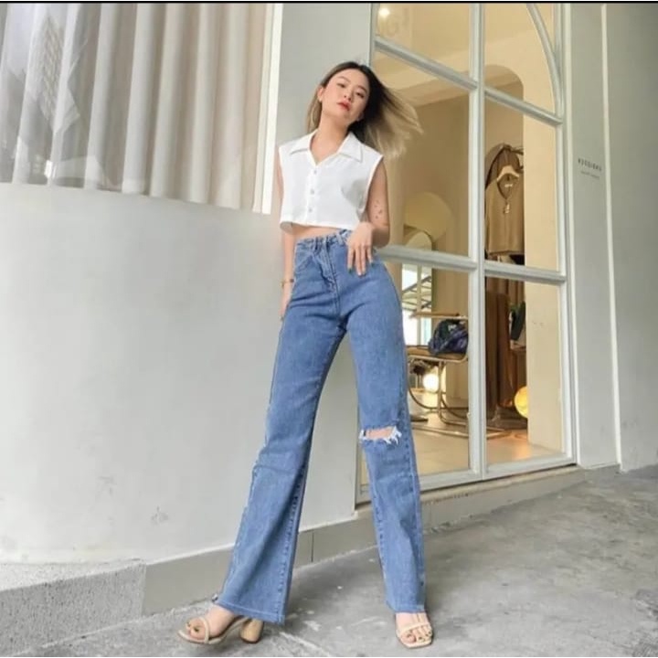 Highwaist Kulot Jeans Wanita Loose Sobek Sebelah Riped