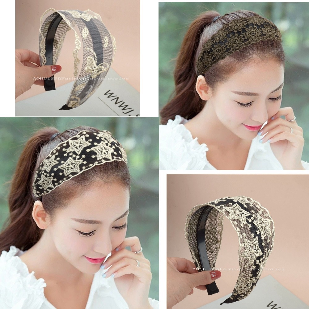 Bando Bandana Korea Lebar 7cm Rambut Wanita Dewasa Bahan Brokat Lucu Unik Fashion