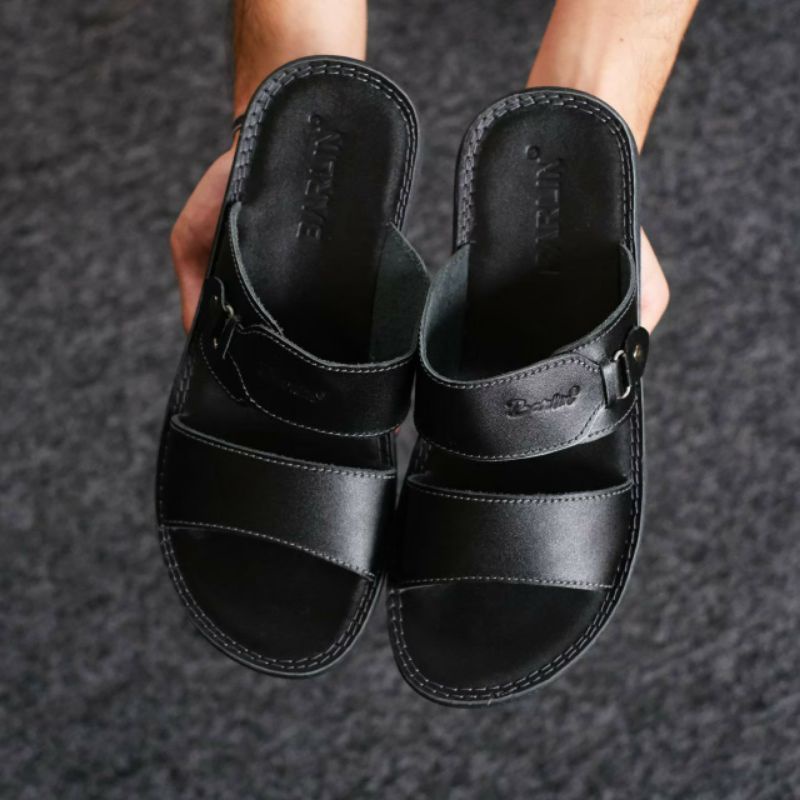 BRLN 005 Black Sandal Pria Casual Terbaru Full Kulit Asli Warna Hitam Sendal Selop Kerja Casual Santai