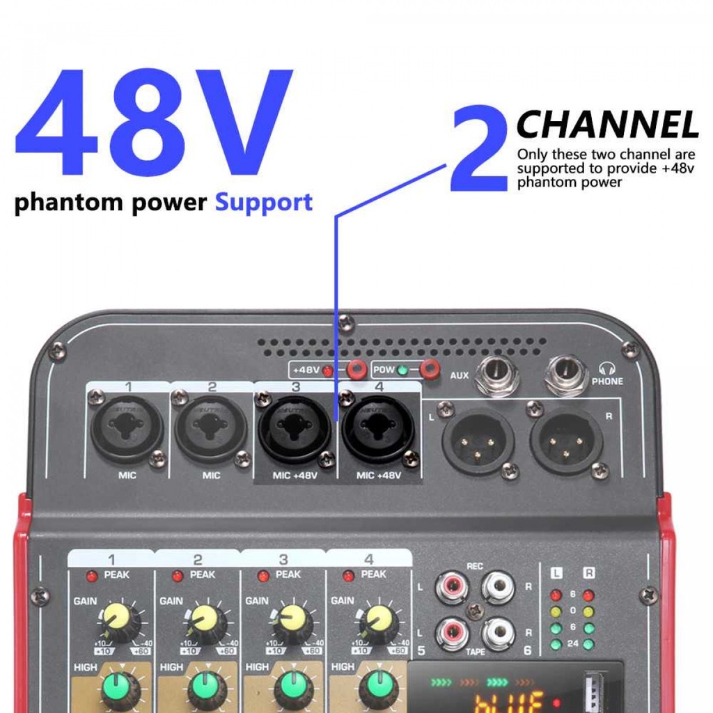 Audio Mixer Professional Live DJ Bluetooth 6 Channel Phantom Power