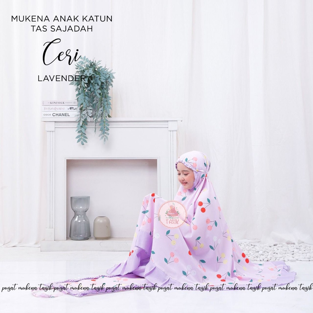 PUSAT MUKENA TASIK - MUKENA ANAK KATUN MOTIF CERI LAVENDER TAS SAJADAH