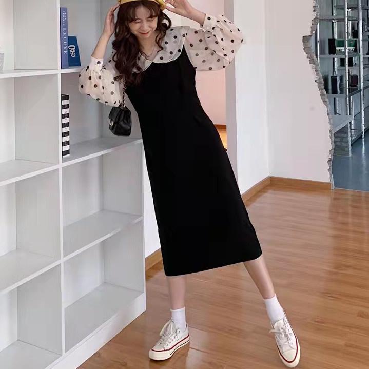 New dress wanita/long dress/dress import korea/dress korea/Dress Hitam Lengan Panjang Jala Gaya Kore