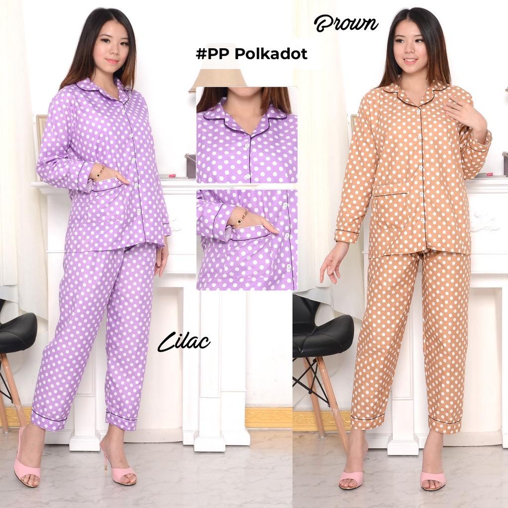 BAJU TIDUR WANITA/PIYAMA WANITA DEWASA KATUN MOTIF POLKADOT &amp; SALUR NEW CP/PP