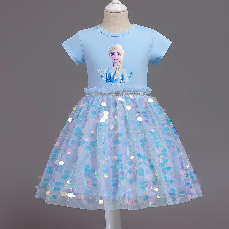 Kids girl Frozen Dress ANAK PEREMPUAN  Payet berkilauan Lengan pendek Frozen Kaos Rok