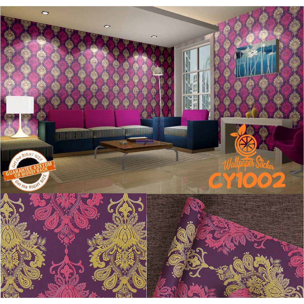Wallpaper Sticker Wallpaper Dinding Gh Premium Batik Ungu, Biru,Cream ,Kotak Quality 45CM x 8Mtr