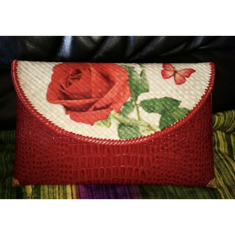 Tas Pandan Decoupage / Clutch Pandan Kombinasi Croco Hias Decoupage