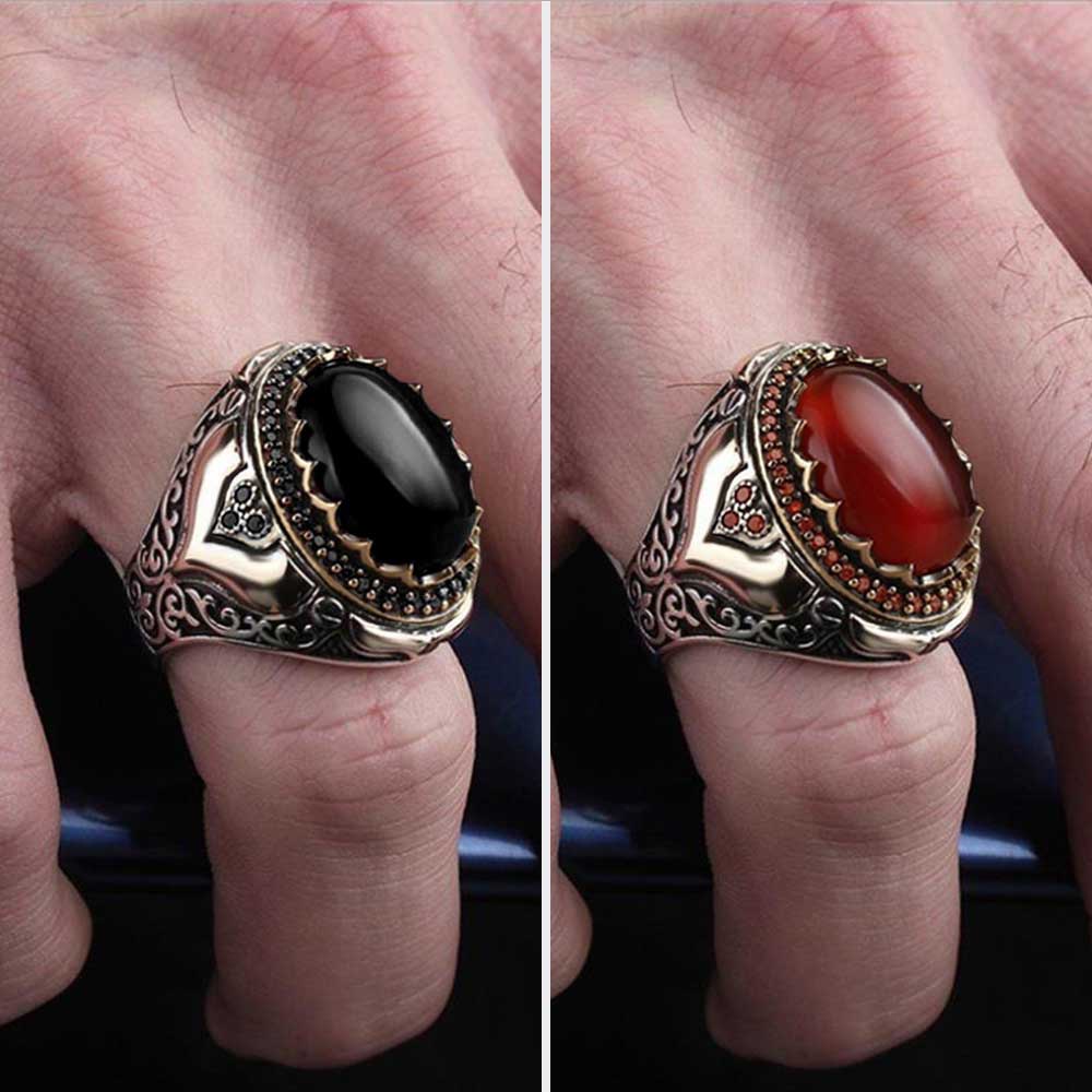 Cincin Pria Bahan Titanium Steel S925 Hias Batu Akik Ruby Hitam Gaya Vintage Punk Untuk Pernikahan