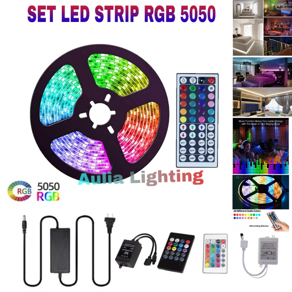 Paket Lampu Led Strip Rgb 5m 5050 IP44 Set Adaptor Controller Remote 24 44 Tombol Music DISCO