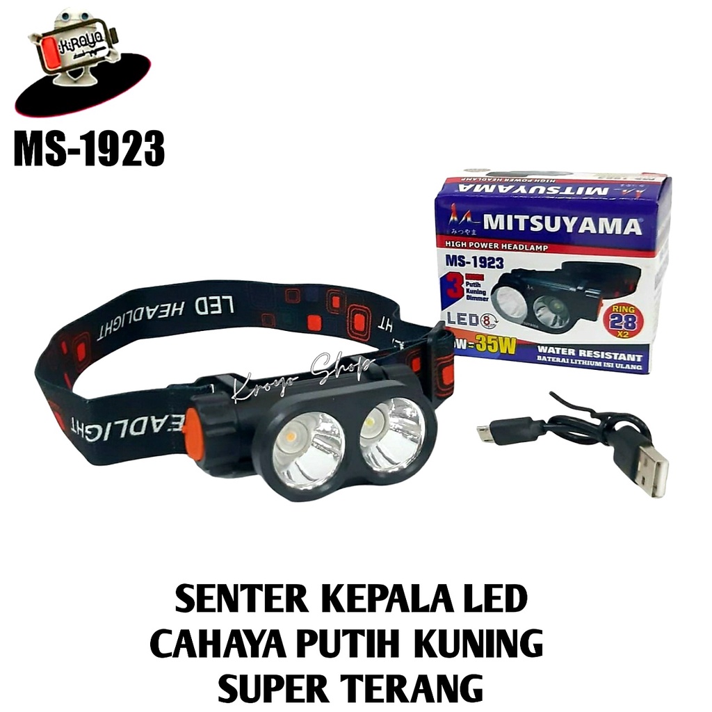 Senter Kepala LED Super Terang MS-1923 Cahaya Putih Dan Kuning Model Charger Micro USB