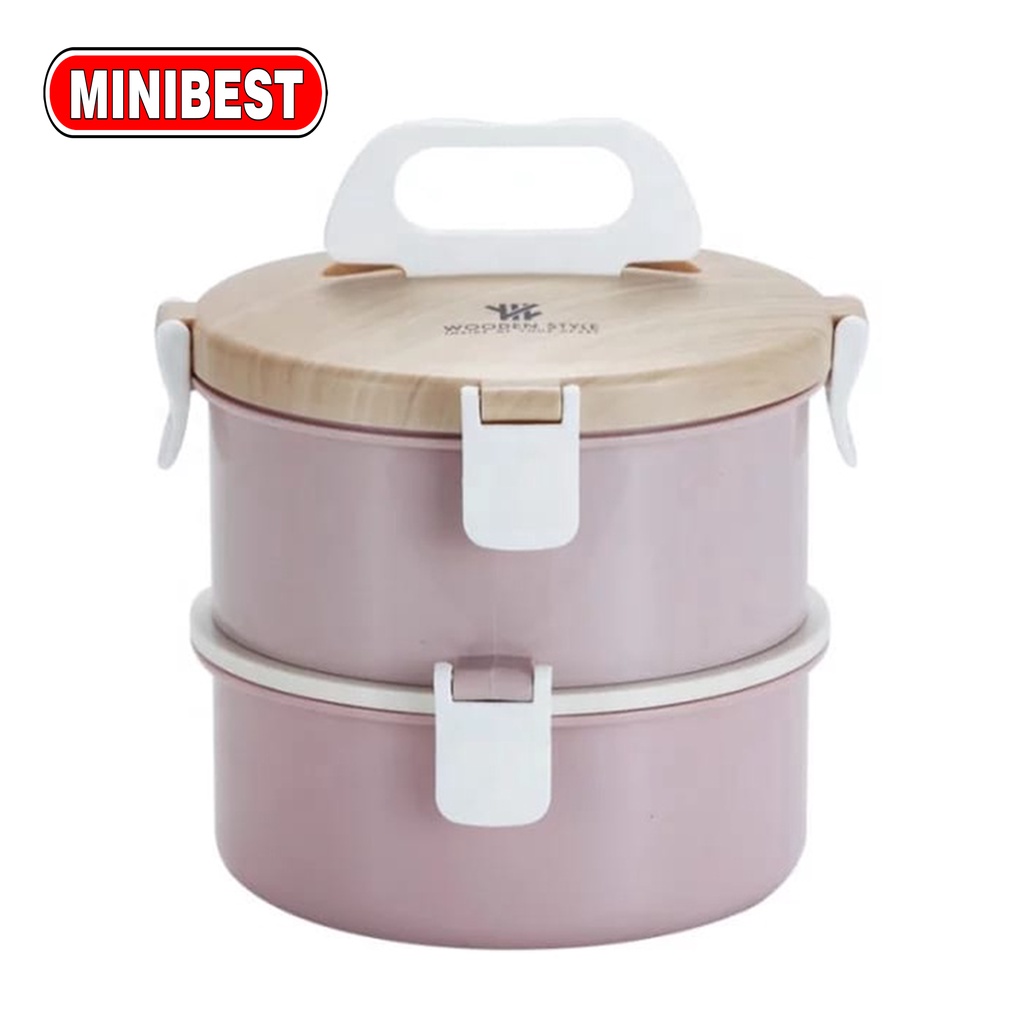 Wooden Style 1 &amp; 2 Layer Lunch Box Kotak Makan Stainless Steel 1 Susun &amp; 2 Susun