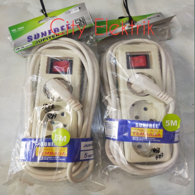 Stop Kontak Jadi 5 Meter 3 Lubang Saklar Sunfree Kabel Asli Tembaga