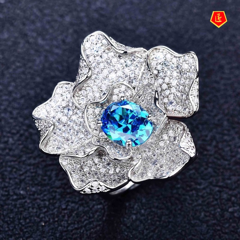 [Ready Stock]Luxury Full Diamond Sapphire Topaz Flower Ring