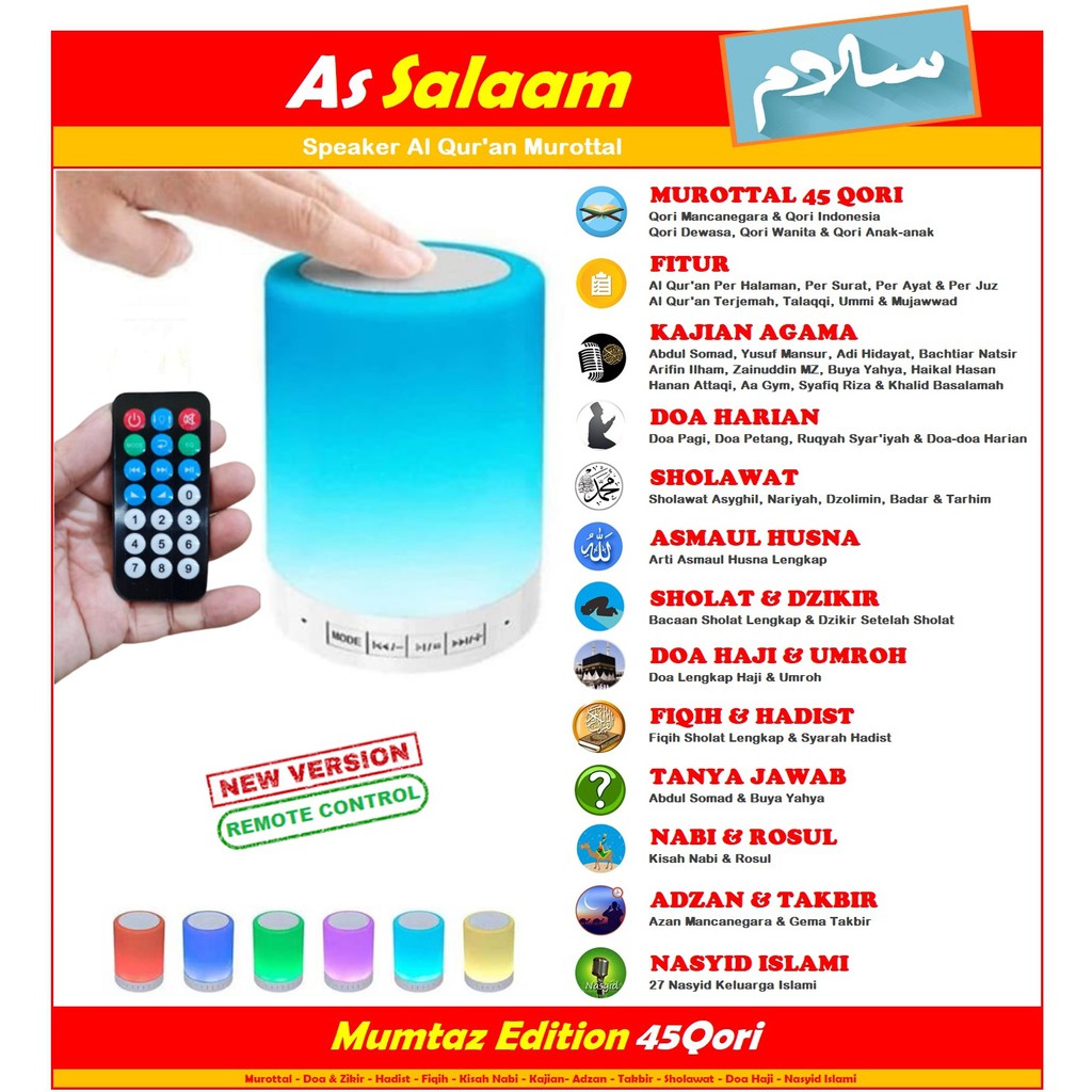 Speaker Murottal Quran Lampu Sentuh Remote 30 Juz 16GB Bluetooth Lampu Tidur Speaker Lampu Remote