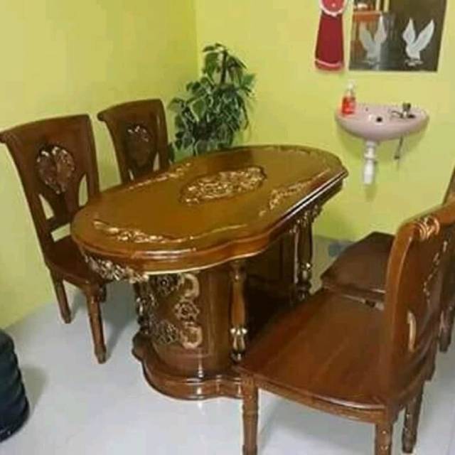 Meja makan salina k4 jati mewah + kaca