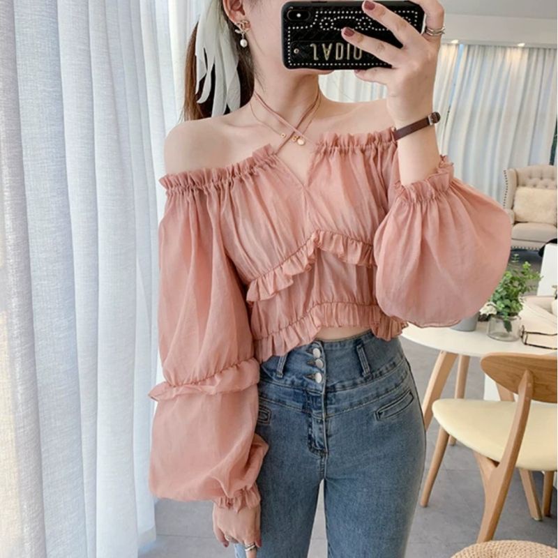 5963 Baju blus blouse kemeja lengan panjang balon leher sabrina tali putih polos katun import Korean