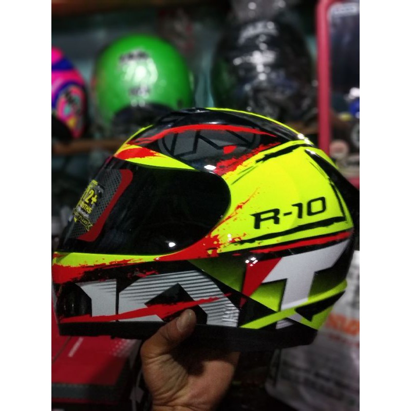 Helm KYT R10 Motif Seri 2 Yellow Fluo Black Red Fluo R 10 FULL FACE Kuning Merah Touring Cowok Baru
