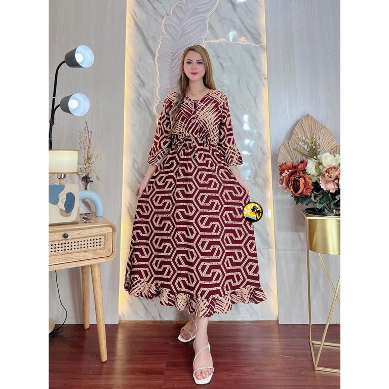 Long Dress Maura Daster Panjang Maura Kancing Depan Batik Lengan 3/4 Bahan Rayon Ori Tebal Adem Bagus Murah