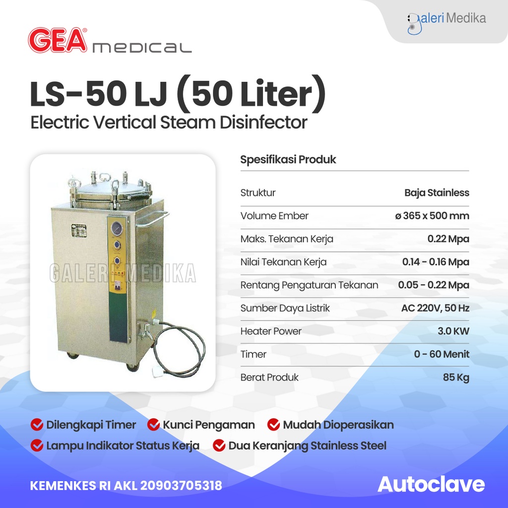 Autoclave Gea 50 Liter LS-50LJ / LS 50LJ / LS50LJ - Alat Sterilisasi Basah