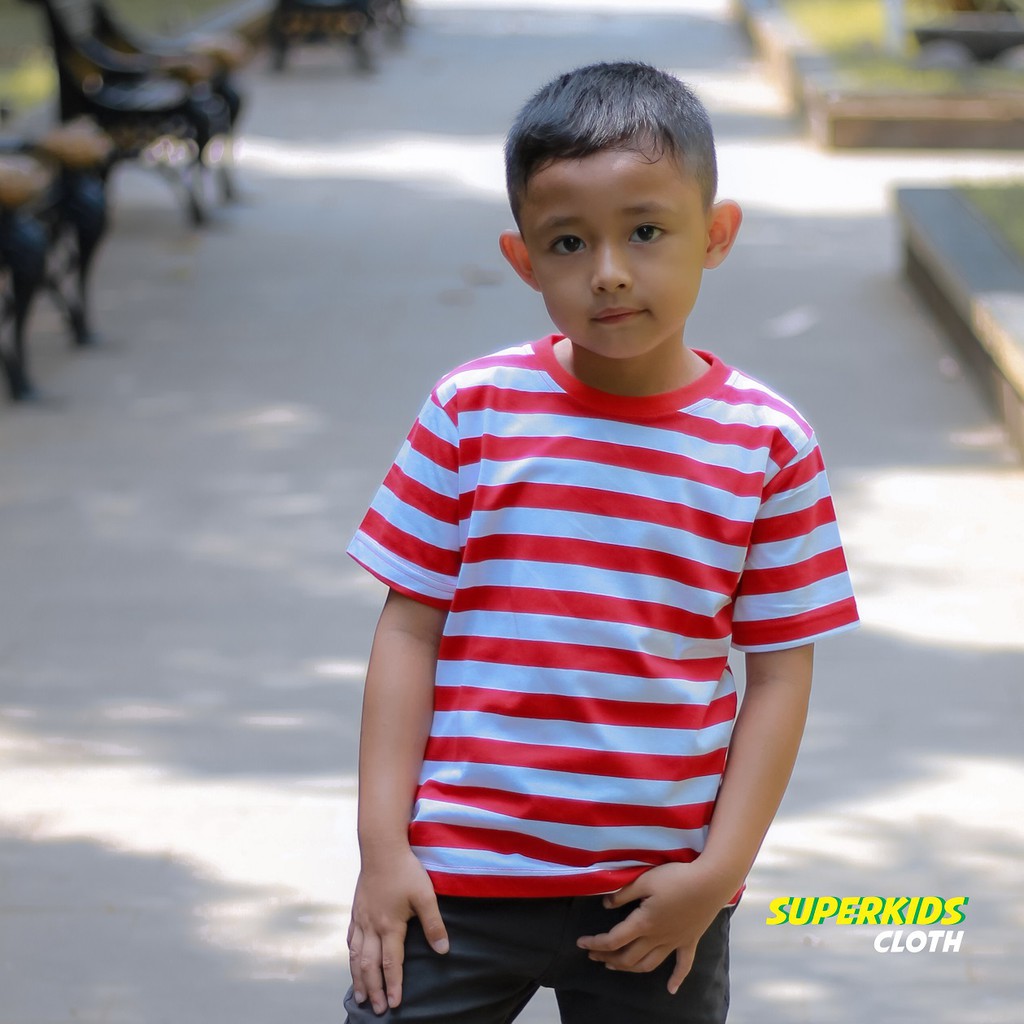 KAOS ANAK STRIPE SALUR MERAH TERMURAH ECER GROSIR SUPERKIDS CLOTH 1 - 8 TAHUN