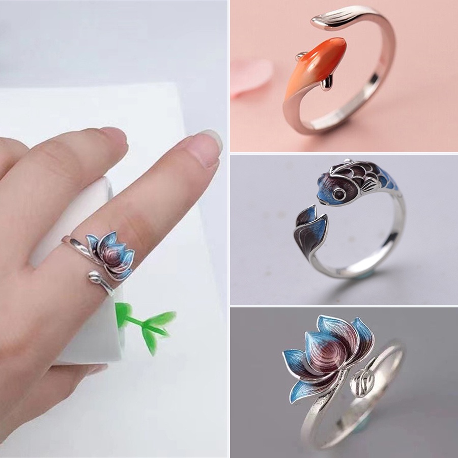 Cincin Model Terbuka Dapat Disesuaikan Desain lotus Warna Biru Gradasi Untuk Pria Dan Wanita