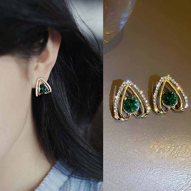 Anting Tusuk Gantung Bahan Sterling Silver 925 Desain Hati Hias Berlian Hijau Gaya Koreadongdaemunretro Untuk Wanita