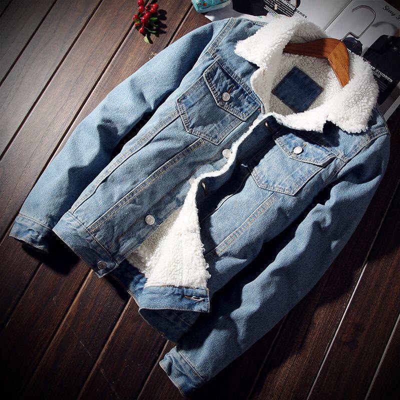 Ukuran Besar  Bulu Berjajar Jaket Denim Pria Slim Fit Jaket Imitasi Domba Bulu Pemuda  padded Katun 