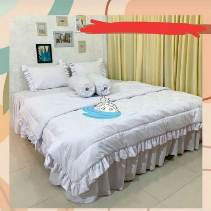 Sprei katun rumbai set bedcocer putih polos ukuran 160*200-200*200