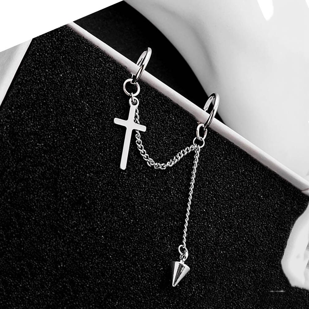 1pc Anting Klip On Tanpa Tindik Desain Salib Rantai Panjang Gaya Punk Untuk Wanita