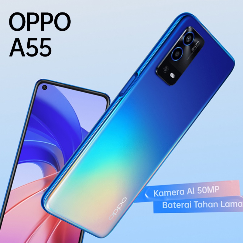 OPPO A55 RAM 4GB ROM 64GB CPU MediaTek Helio G35 Baterai 5000mAh Pengisian Cepat 18W Layar Punch Hole 6.51 inch Kamera AI 50MP Kamera Selfie 16MP Garansi Resmi Mendukung cicilan Hp OPPO A54 4/64-4