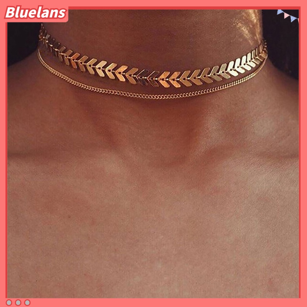 Bluelans Women Fashion Double Layers Fish Bone Chain Choker Necklace Jewelry