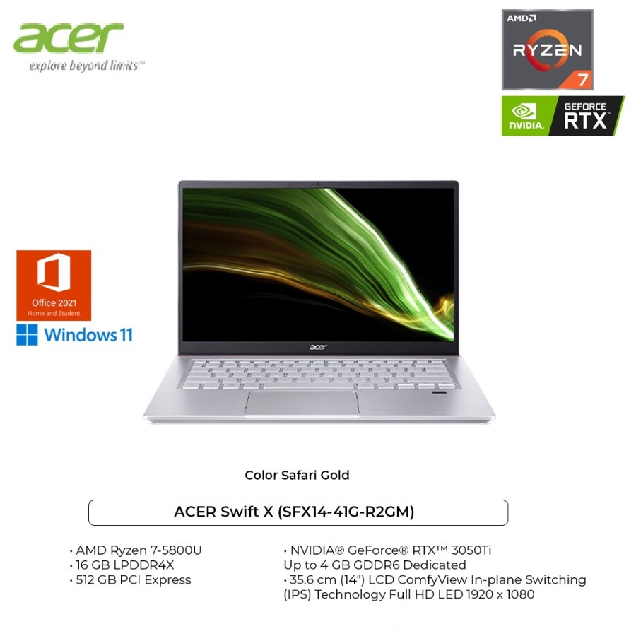 ACER Swift X SFX14 41G R2GM Ryzen 7 5800U 16GB 512GB RTX3050Ti W11 OHS