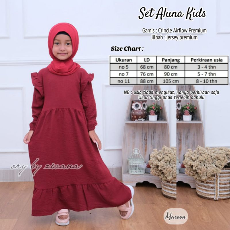 Set Aluna Kids (Gamis Anak + Jilbab) Crincle Umur 3 - 10 thn