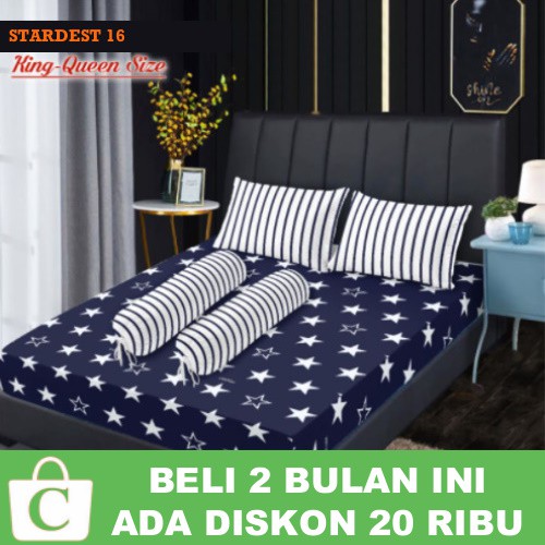 Sprey Sepray Sprei Seprai Motif Bintang Garis Ukuran 180x200 160x200 BIRU PUTIH HITAM STARDEST 16