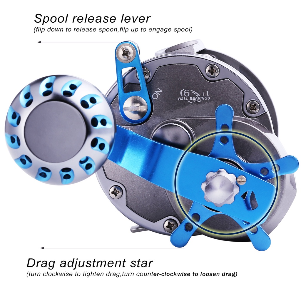 Rasio Gear Fishing Reel Air Asin 4.1: 1 Bintang Grag Reel Bahan Paduan Kekuatan Tinggi Kuat Memancing Drum Trolling Fishing Reel untuk Berselancar dan Air Asin