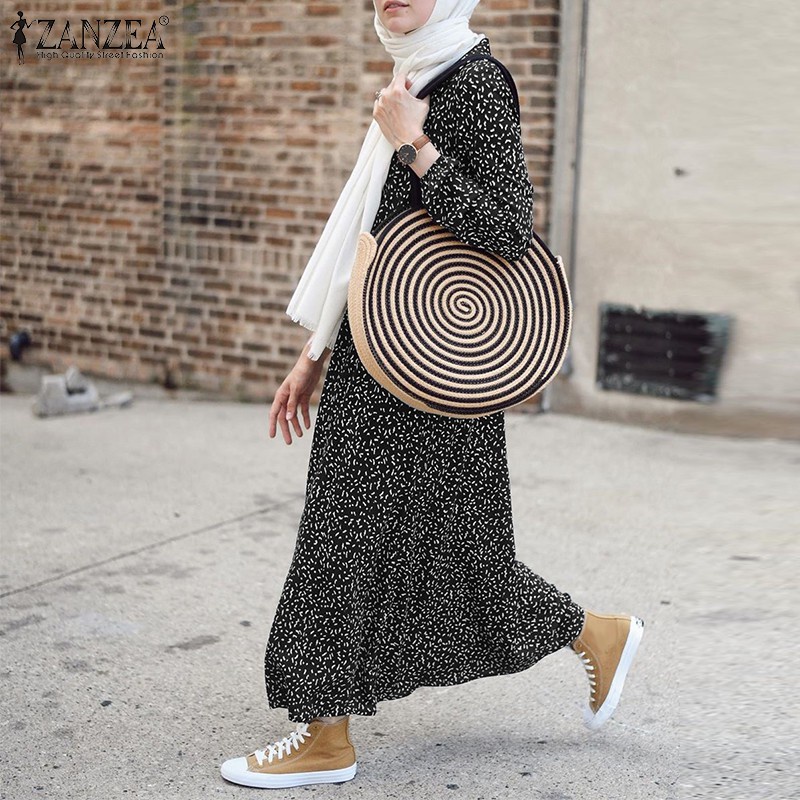 ZANZEA Women Elastic Cuffs Casual Dot Printing Muslim Maxi Dress