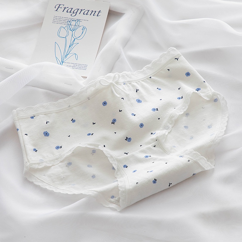 NOON (Blue Spring) Celana Dalam Wanita Korea Motif Lucu Imut Katun CD Undies Import-Blue Daisy