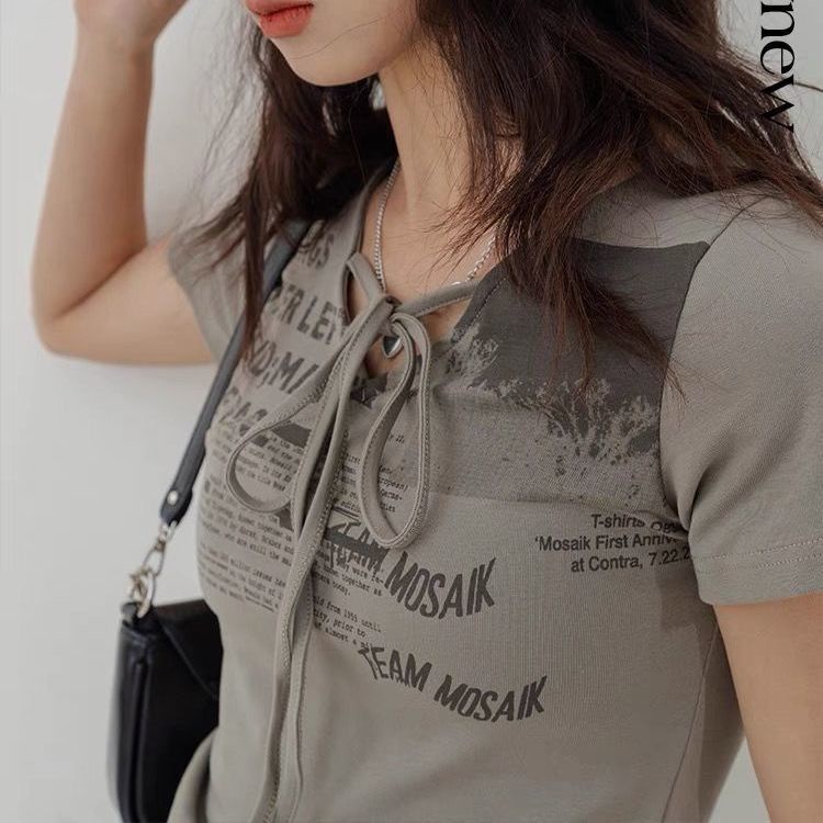 Loveheynew Amerika Retro Cetak Renda Halter Leher T-shirt Wanita Niche Gadis Panas Pendek Slim Lenga