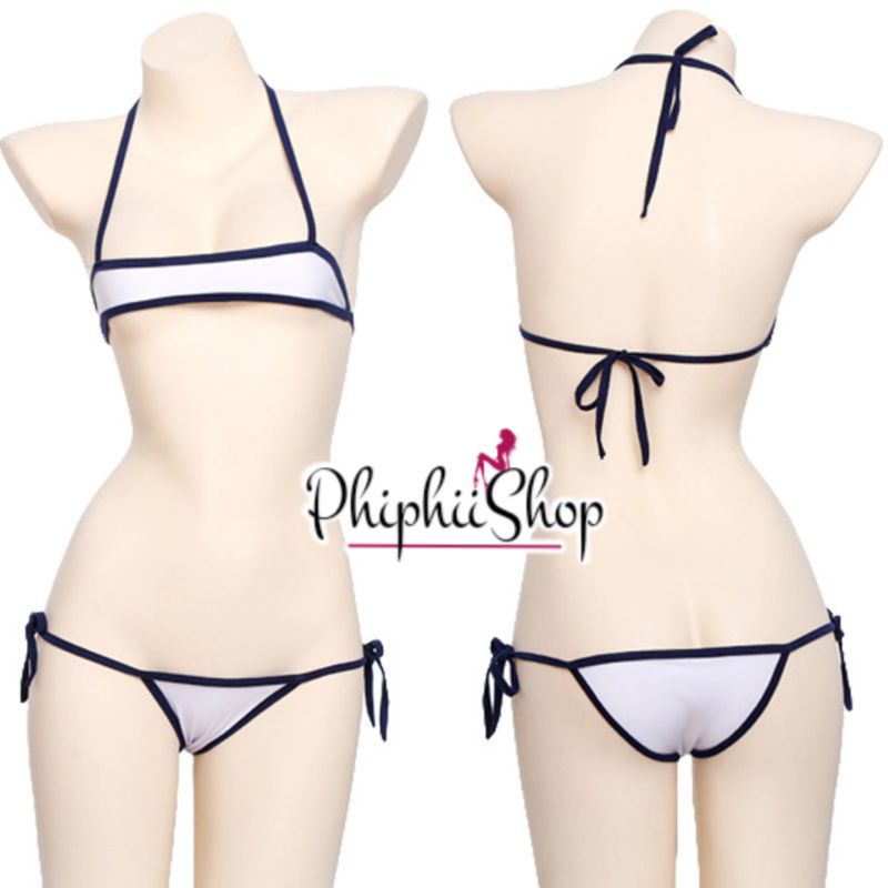 Set Lingerie Seksi Model Cosplay Bikini Renang Mini Two Piece Swimsuit Putih