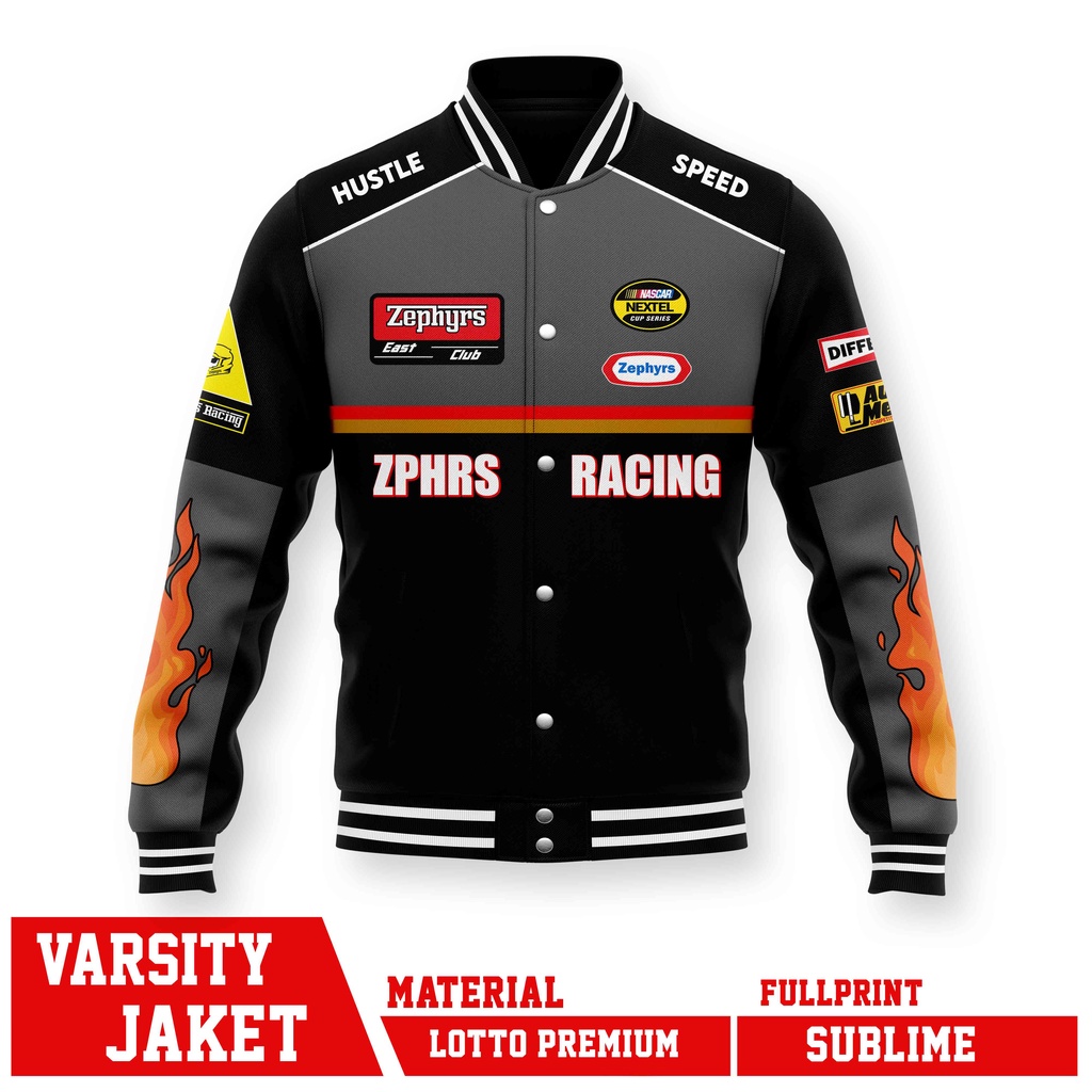 VARSITY JACKET RACING ZEPHYRS ZPH FIRE BLACK GREY FULLPRINT