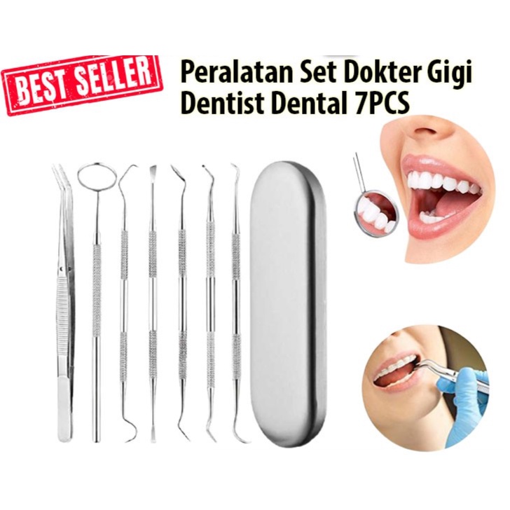 Set Peralatan Dokter Gigi Dental / Set Alat Pembersih Karang Gigi / Pemutih Gigi Kuning Dentist Care 7 PCS Stainless Steel