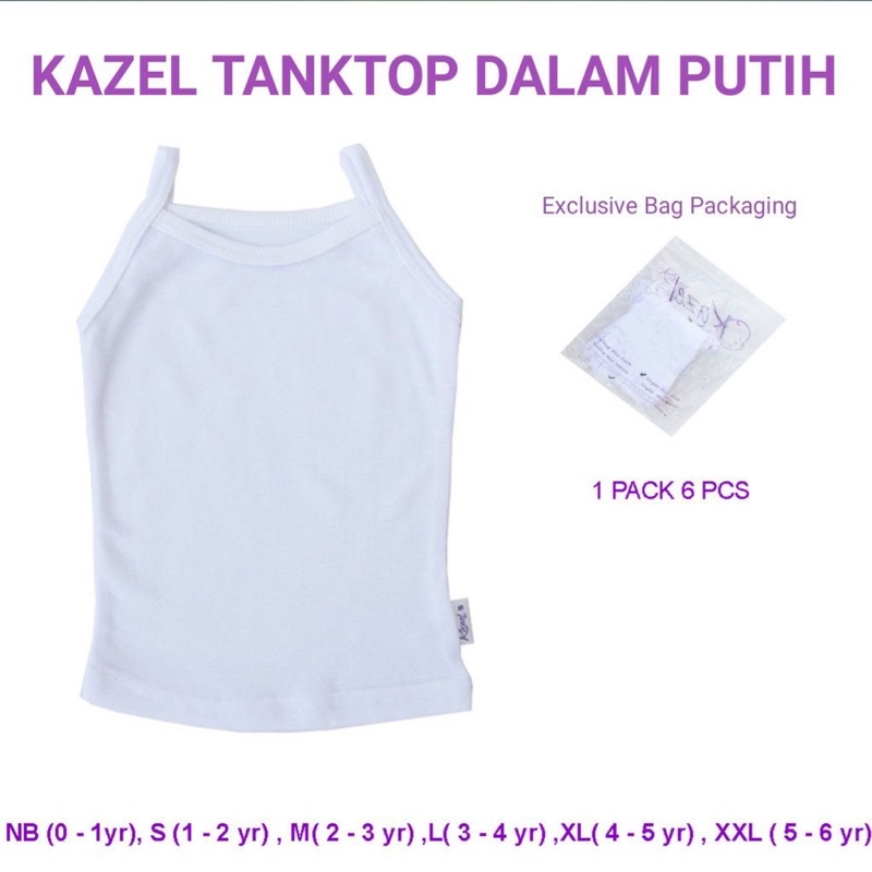6pc Kazel Kaos dalam &amp; Tank Top Warna &amp; Putih - Kazel Singlet Dalam Bayi &amp; Anak 0-6tahun