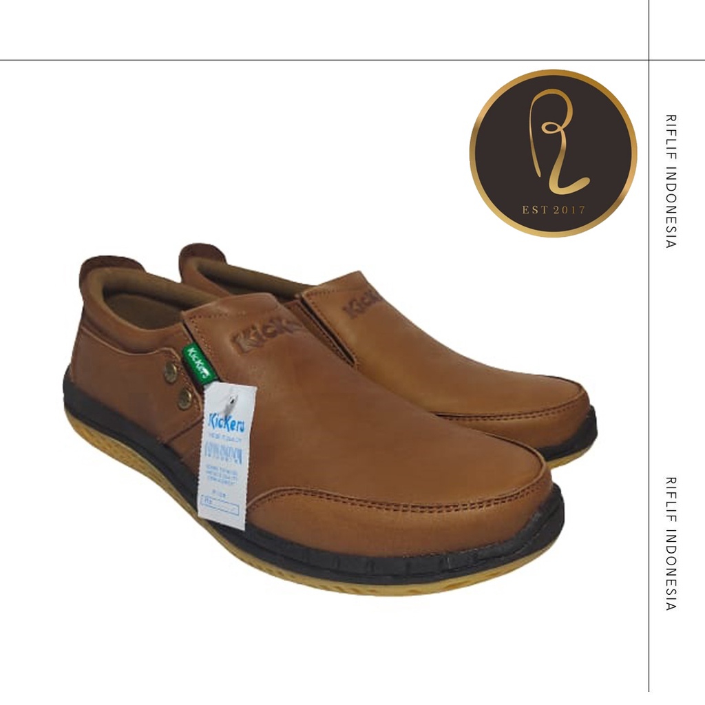 Sepatu Kickers / Sepatu Casual Pria Bahan Kulit Asli 100% Sol Karet / Sepatu Slip On Selop Laki-laki Murah Keren Elegan untuk Jalan-Jalan Santai Kerja Lapangan Traveling