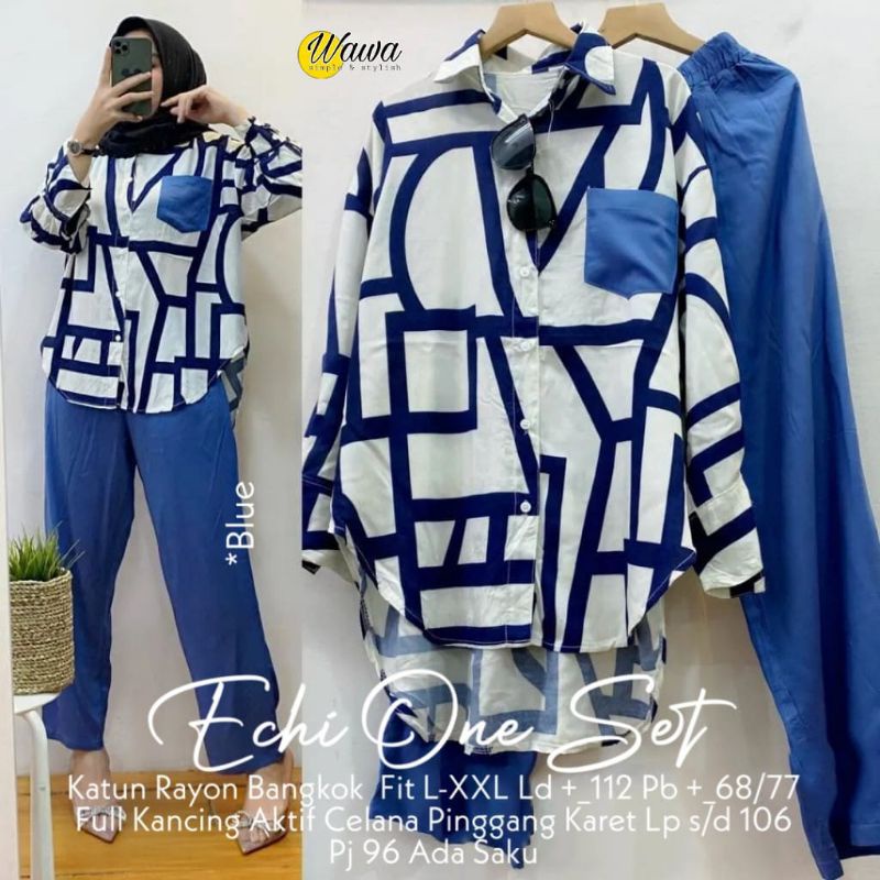 ECHI ONE SET katun rayon bangkok fit L-XXL full kancing celana panjang karet saku