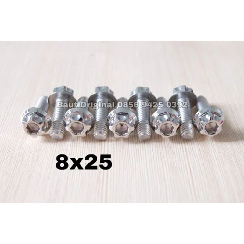 baut probolt 8x25 mm stainless new model drat 12 panjang 2.5 cm 12 silver gs1 gear 2 kunci belimbing heng