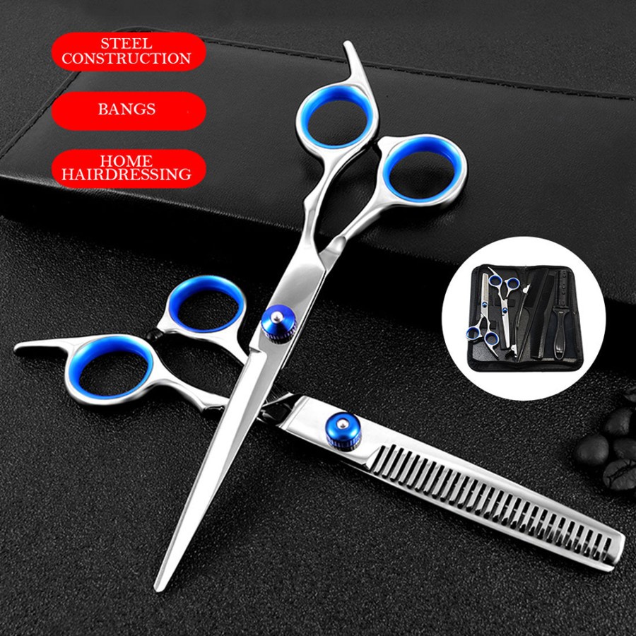 Set Gunting Rambut Sasak &amp; Flat Hairdressing Scissors 10 PCS - MR4017 - Blue/Silver