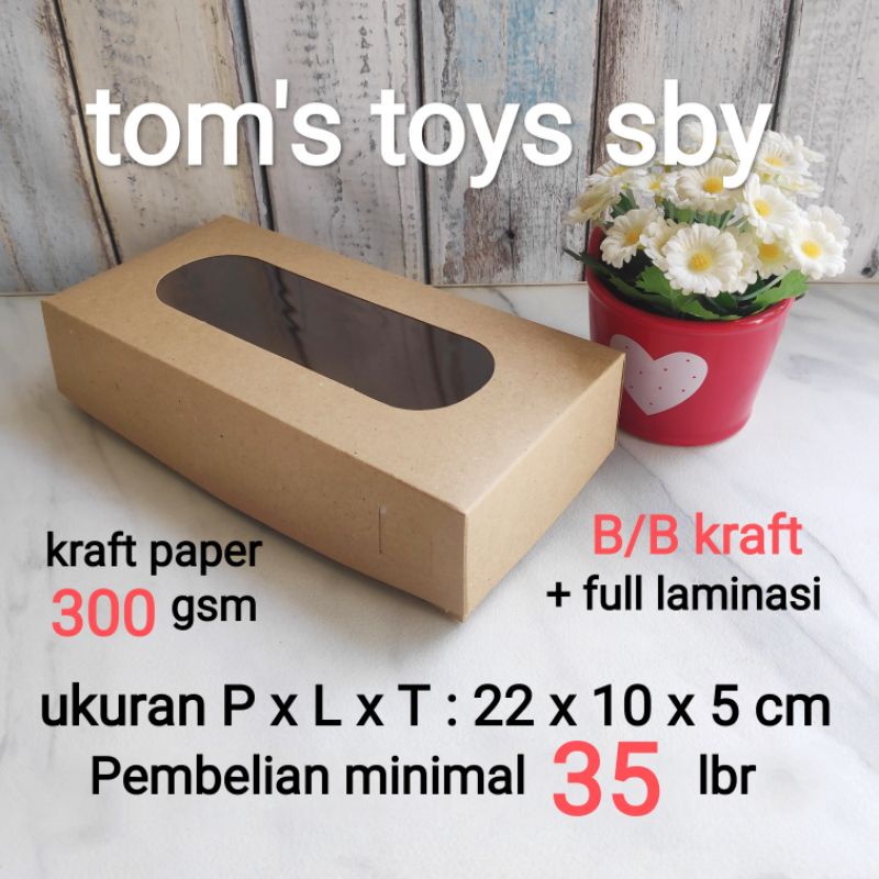 

Kotak Dus Brownies Donat Roti Kue Bolen 22 x 10 x 5 cm Laminasi Tahan Minyak Kraft Liner ( B/B )