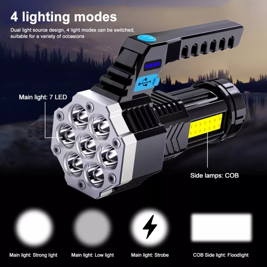 Senter LED Super Flashlight 7 LED Super Terang USB Rechargeable