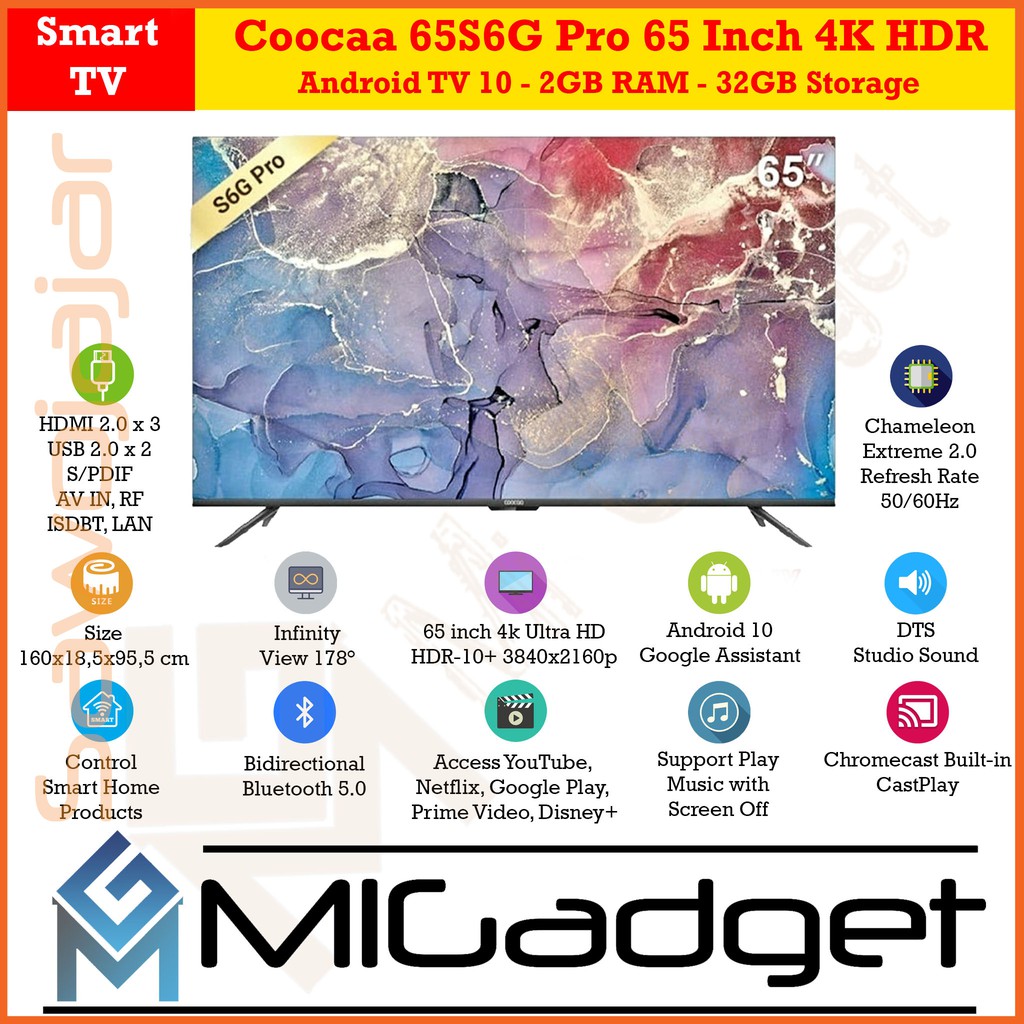 Coocaa 65S6G Pro 65 Inch 4K HDR Android TV 10 2GB RAM 32GB Storage