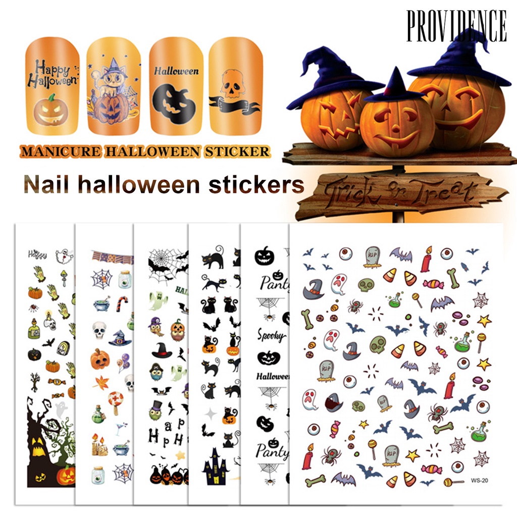 Providence 8Sheets/Set Manicure Decal Easy to Use Compact Easy to Apply Skeleton Head Nail Art Transfer Sticker for Halloween